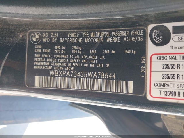 Продажа на аукционе авто 2005 Bmw X3 2.5i, vin: WBXPA73435WA78544, номер лота: 45834561