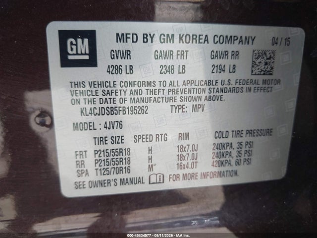 Продаж на аукціоні авто 2015 Buick Encore Premium, vin: KL4CJDSB5FB195262, номер лоту: 45834577