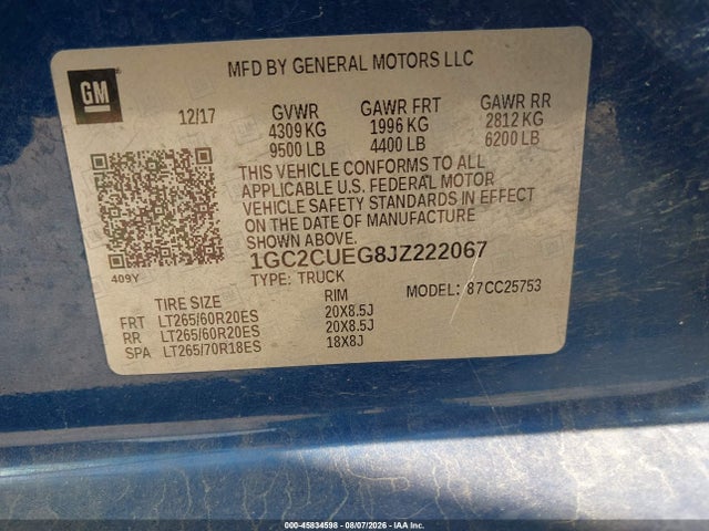 45834598 :رقم المزاد ، 1GC2CUEG8JZ222067 vin ، 2018 Chevrolet Silverado 2500hd Wt مزاد بيع