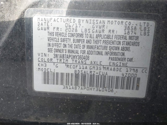 2017 Nissan Sentra Sr მანქანა იყიდება აუქციონზე, vin: 3N1AB7AP0HY360408, აუქციონის ნომერი: 45834606