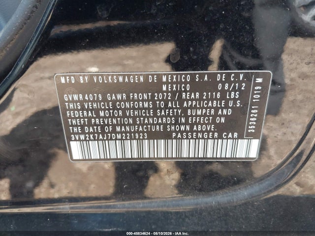 45834624 :رقم المزاد ، 3VW2K7AJ7DM221923 vin ، 2013 Volkswagen Jetta 2.0l S مزاد بيع