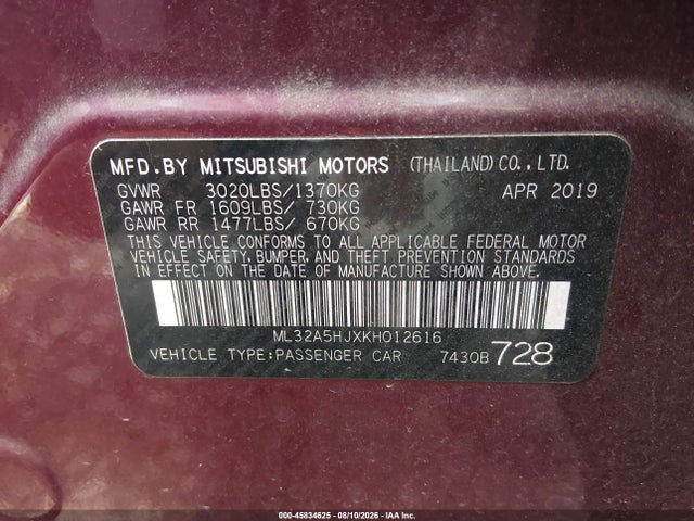 Aukcja sprzedaży 2019 Mitsubishi Mirage Le, vin: ML32A5HJXKH012616, numer aukcji: 45834625