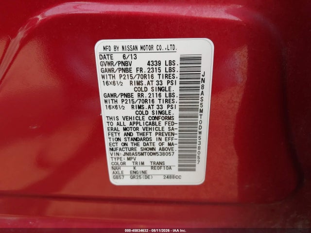 2013 Nissan Rogue S მანქანა იყიდება აუქციონზე, vin: JN8AS5MT0DW538057, აუქციონის ნომერი: 45834632