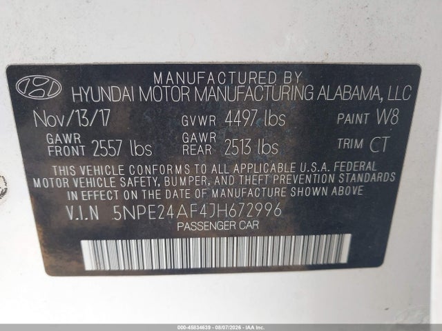 5NPE24AF4JH672996 Hyundai SONATA SE