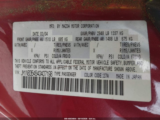 Aukcja sprzedaży 2004 Mazda Mazdaspeed Mx-5 Miata Cloth, vin: JM1NB354540407198, numer aukcji: 45834644