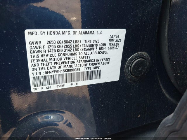 45834645 :رقم المزاد ، 5FNYF6H15KB090039 vin ، 2019 Honda Pilot Lx مزاد بيع