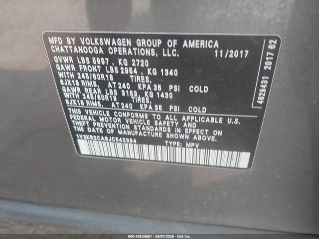 1V2KR2CA8JC542394 Volkswagen Atlas 3.6l V6 Se