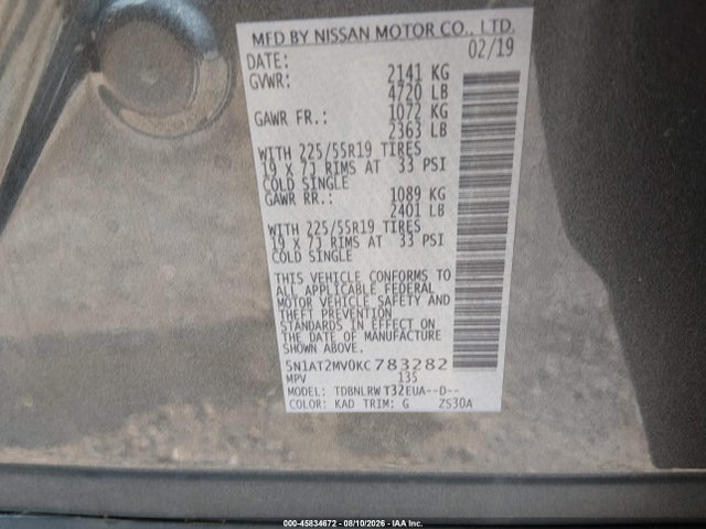 Продаж на аукціоні авто 2019 Nissan Rogue Sl, vin: 5N1AT2MV0KC783282, номер лоту: 45834672