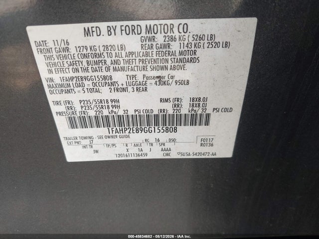 1FAHP2E89GG155808 Ford TAURUS SEL