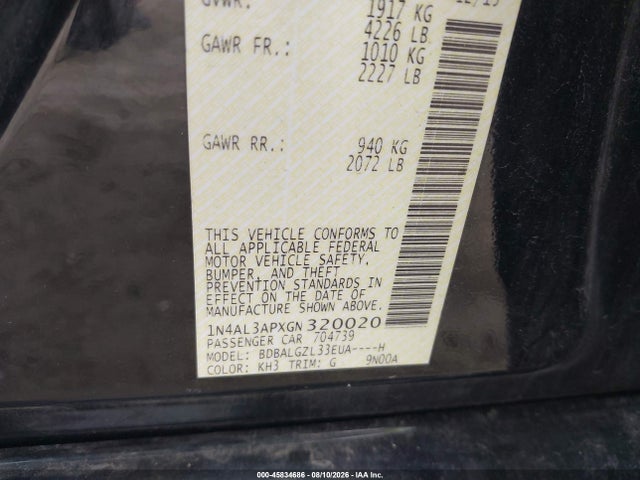 2016 Nissan Altima 2.5 S მანქანა იყიდება აუქციონზე, vin: 1N4AL3APXGN320020, აუქციონის ნომერი: 45834686