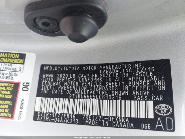 45834693 :رقم المزاد ، 2T1BURHE5GC610316 vin ، 2016 Toyota Corolla Le مزاد بيع
