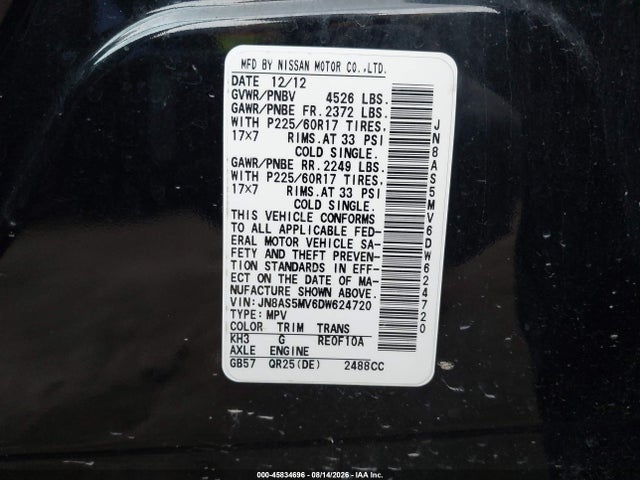 Aukcja sprzedaży 2013 Nissan Rogue Sv, vin: JN8AS5MV6DW624720, numer aukcji: 45834696