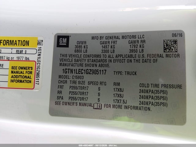 Aukcja sprzedaży 2016 Gmc Sierra 1500, vin: 1GTN1LEC1GZ905117, numer aukcji: 45834697