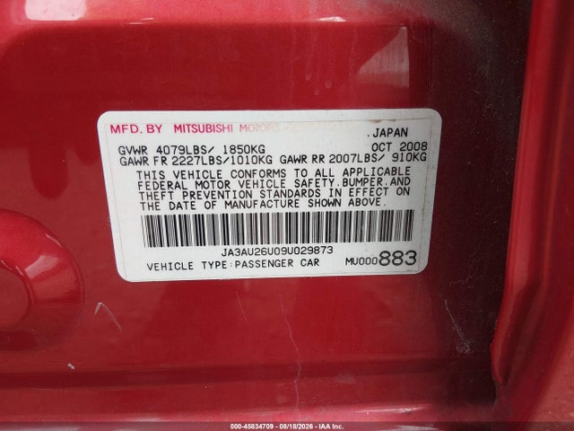 Aukcja sprzedaży 2009 Mitsubishi Lancer, vin: JA3AU26U09U029873, numer aukcji: 45834709