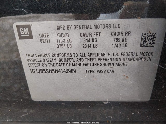 2017 Chevrolet Sonic Ls Auto მანქანა იყიდება აუქციონზე, vin: 1G1JB5SH5H4143909, აუქციონის ნომერი: 45834718