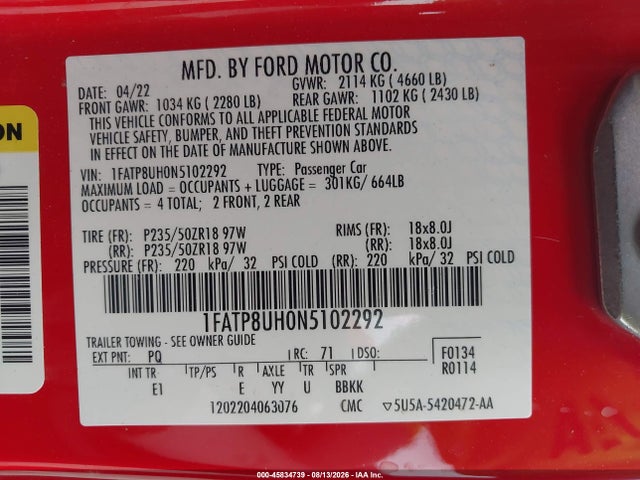 1FATP8UH0N5102292 Ford Mustang Ecoboost Premium