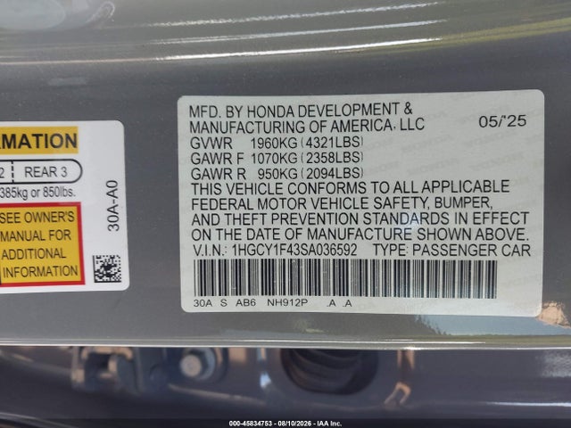 Продажа на аукционе авто 2025 Honda Accord Se, vin: 1HGCY1F43SA036592, номер лота: 45834753