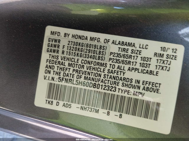 Aukcja sprzedaży 2013 Honda Odyssey Ex-l, vin: 5FNRL5H60DB012323, numer aukcji: 45834755