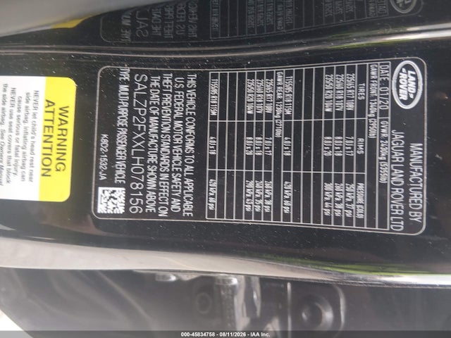 Продажа на аукционе авто 2020 Land Rover Range Rover Evoque Se, vin: SALZP2FXXLH078156, номер лота: 45834758
