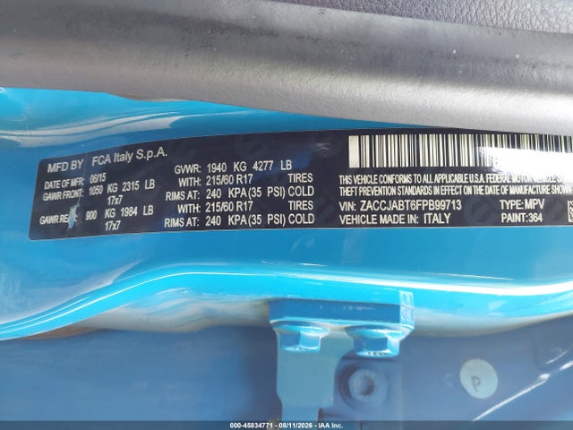 Aukcja sprzedaży 2015 Jeep Renegade Latitude, vin: ZACCJABT6FPB99713, numer aukcji: 45834771