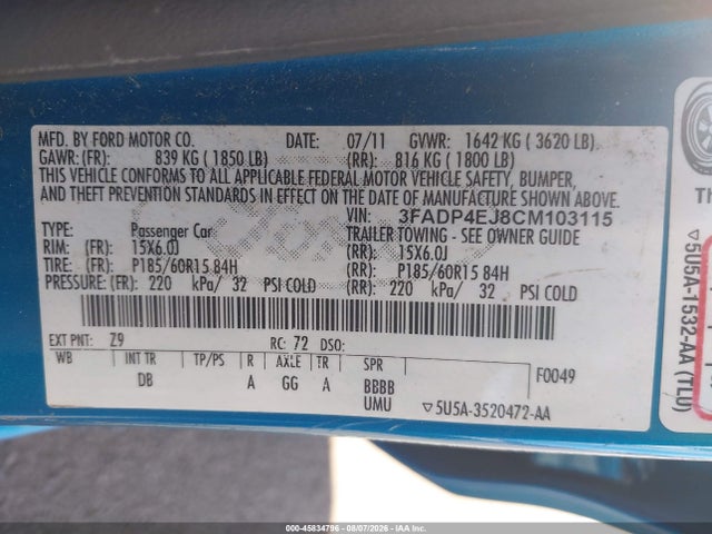 Продажа на аукционе авто 2012 Ford Fiesta Se, vin: 3FADP4EJ8CM103115, номер лота: 45834796