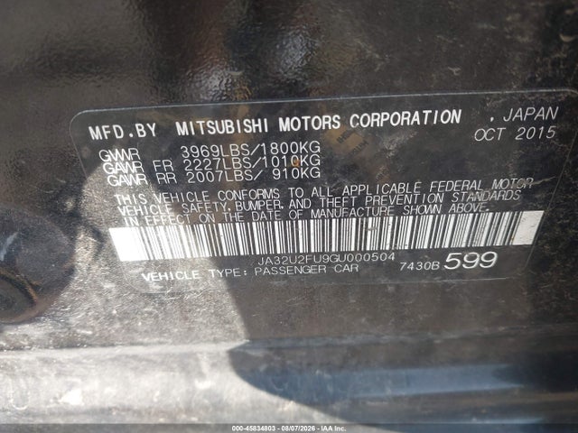 Продаж на аукціоні авто 2016 Mitsubishi Lancer Es, vin: JA32U2FU9GU000504, номер лоту: 45834803