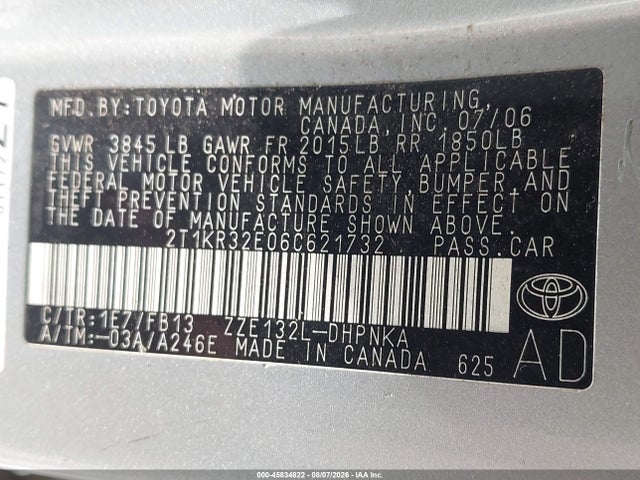2006 Toyota Matrix Xr მანქანა იყიდება აუქციონზე, vin: 2T1KR32E06C621732, აუქციონის ნომერი: 45834822