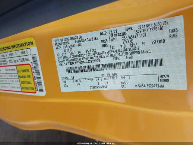 45834831 :رقم المزاد ، 1FTER1FHXNLD20009 vin ، 2022 Ford Ranger Xlt مزاد بيع