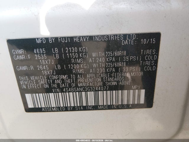 Продажа на аукционе авто 2016 Subaru Outback 2.5i Limited, vin: 4S4BSANC3G3244077, номер лота: 45834833