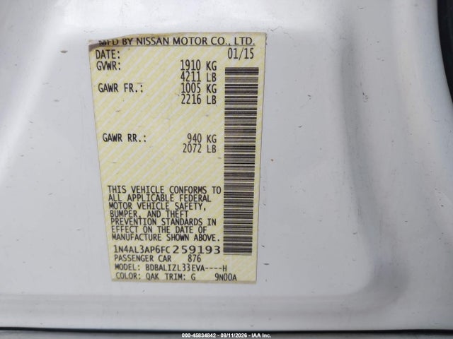1N4AL3AP6FC259193 Nissan Altima 2.5 Sv