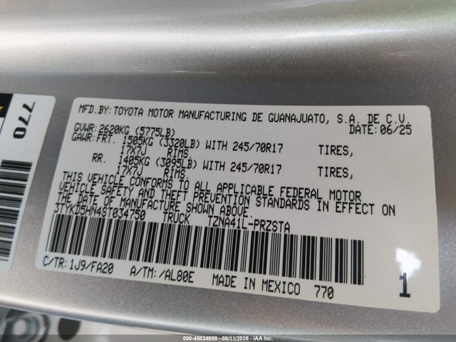 45834858 :رقم المزاد ، 3TYKD5HN4ST034750 vin ، 2025 Toyota Tacoma Sr مزاد بيع