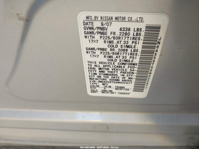 45834859 :رقم المزاد ، JN8AS58T58W002477 vin ، 2008 Nissan Rogue Sl مزاد بيع