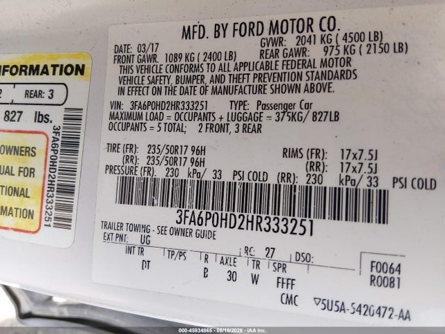 Продажа на аукционе авто 2017 Ford Fusion Se, vin: 3FA6P0HD2HR333251, номер лота: 45834865