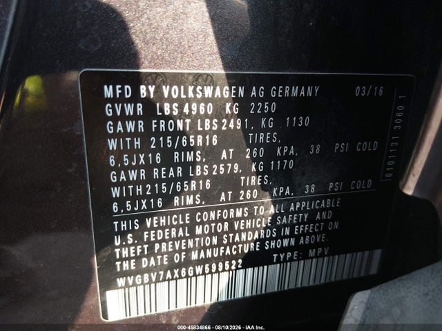 45834866 :رقم المزاد ، WVGBV7AX6GW599522 vin ، 2016 Volkswagen Tiguan S مزاد بيع