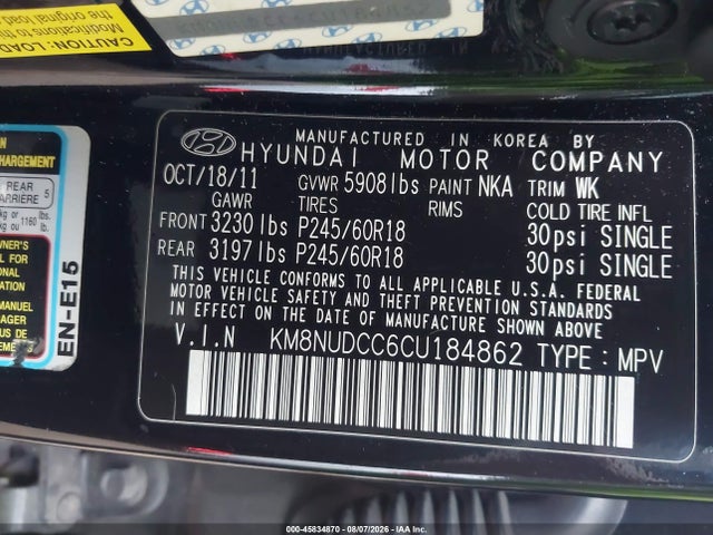 Aukcja sprzedaży 2012 Hyundai Veracruz Limited, vin: KM8NUDCC6CU184862, numer aukcji: 45834870