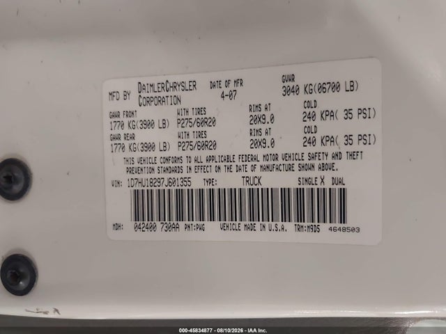 Aukcja sprzedaży 2007 Dodge Ram 1500 St/slt, vin: 1D7HU18297J601355, numer aukcji: 45834877