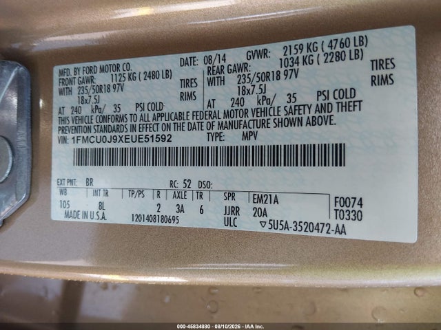 Продаж на аукціоні авто 2014 Ford Escape Titanium, vin: 1FMCU0J9XEUE51592, номер лоту: 45834880