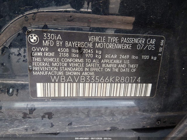 Aukcja sprzedaży 2006 Bmw 330i, vin: WBAVB33566KR80174, numer aukcji: 45834881