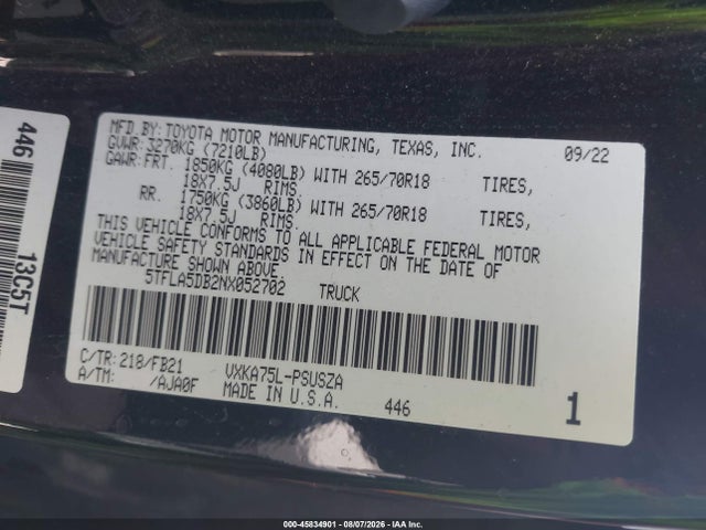 Toyota Tundra Sr5 2022 5TFLA5DB2NX052702 Image 9