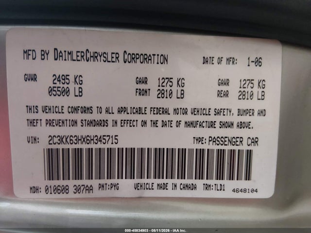 Aukcja sprzedaży 2006 Chrysler 300c, vin: 2C3KK63HX6H345715, numer aukcji: 45834903
