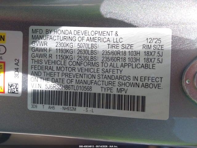 Продажа на аукционе авто 2026 Honda Cr-v Hybrid 2wd Sport-l, vin: 5J6RS5H86TL010568, номер лота: 45834913