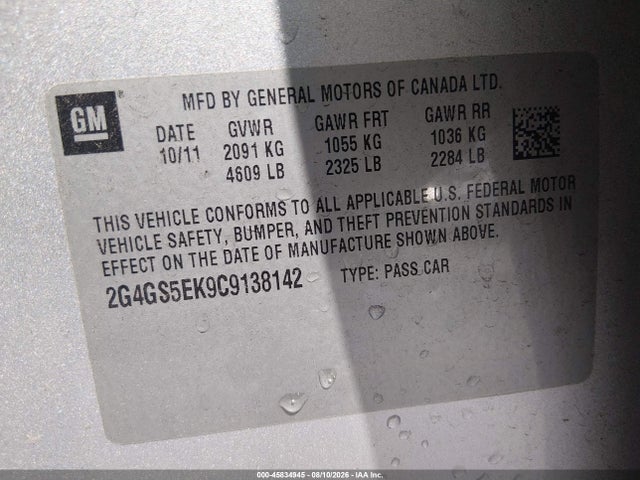 45834945 :رقم المزاد ، 2G4GS5EK9C9138142 vin ، 2012 Buick Regal Premium 1 مزاد بيع