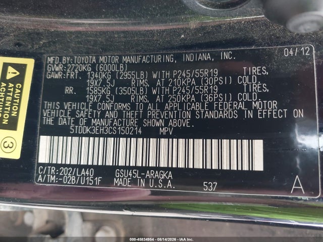 45834954 :رقم المزاد ، 5TDDK3EH3CS150214 vin ، 2012 Toyota Highlander Limited V6 مزاد بيع