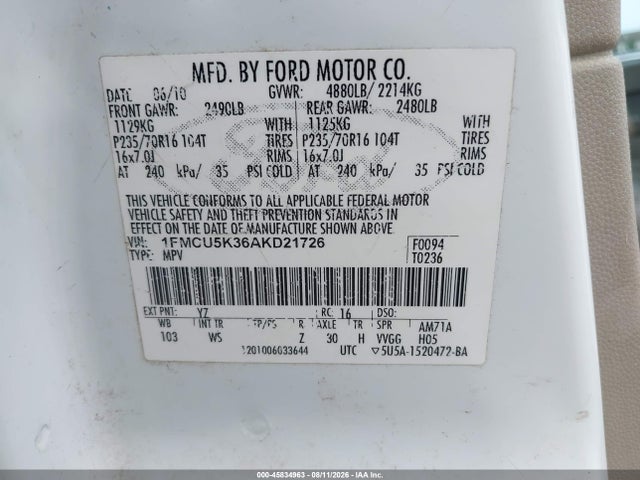 Aukcja sprzedaży 2010 Ford Escape Hybrid Limited, vin: 1FMCU5K36AKD21726, numer aukcji: 45834963