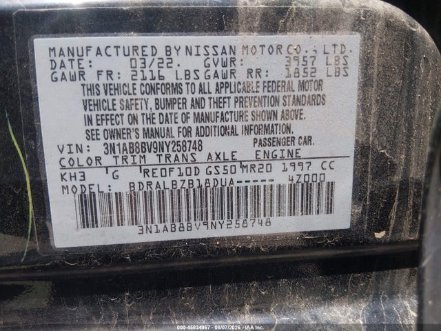 2022 Nissan Sentra S Xtronic Cvt მანქანა იყიდება აუქციონზე, vin: 3N1AB8BV9NY258748, აუქციონის ნომერი: 45834967
