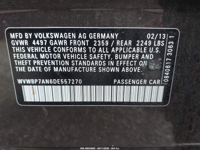 2013 Volkswagen Cc 2.0t Sport მანქანა იყიდება აუქციონზე, vin: WVWBP7AN6DE557270, აუქციონის ნომერი: 45834992