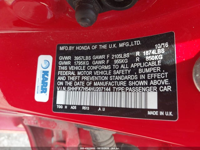 2017 Honda Civic Ex მანქანა იყიდება აუქციონზე, vin: SHHFK7H54HU207144, აუქციონის ნომერი: 45835000