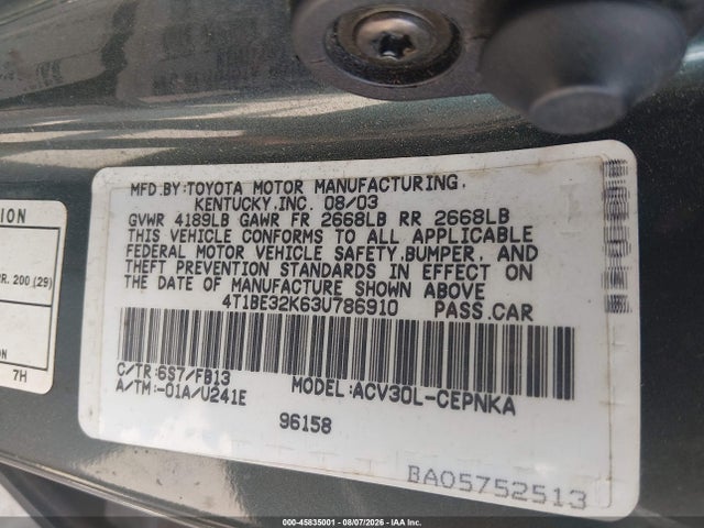Продаж на аукціоні авто 2003 Toyota Camry Le, vin: 4T1BE32K63U786910, номер лоту: 45835001