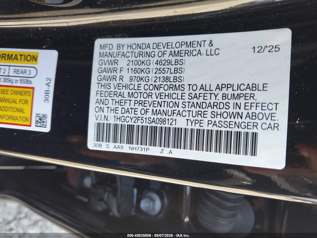 Aukcja sprzedaży 2025 Honda Accord Hybrid Sport, vin: 1HGCY2F51SA098121, numer aukcji: 45835006