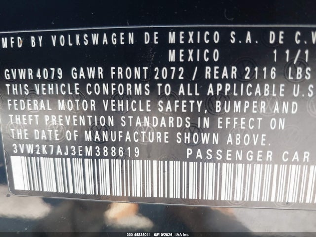 Продажа на аукционе авто 2014 Volkswagen Jetta 2.0l S, vin: 3VW2K7AJ3EM388619, номер лота: 45835011
